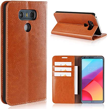 LG G6 Case,iCoverCase Genuine Leather Wallet Case [Slim Fit] Folio Book Design with Stand and Card Slots Flip Case Cover for LG G6 5.7 inch(Light Brown)