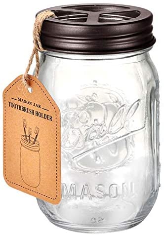 Mason Jar Toothbrush Holder – Bronze – with Genuine Glass 16 Ounce Ball Mason Jar for Regular Mouth Mason Jar ， Premium Rust-proof 304 Stainless Steel - Rustic Farmhouse Decor Bathroom Accessories