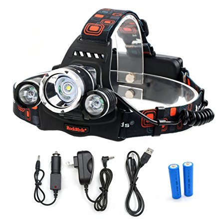 Rockbirds H3 3 Beads Waterproof LED Headlamp with Charger and 2 Rechargeable 18650 Batteries 4 Modes Adjustable