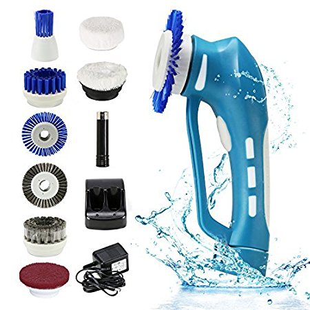 Cordless Power Scrubber Cleaning with 8 Brushes Rechargeable Battery Household handheld for BBQ Grill, Bathroom ,Kitchen and Outdoor (8 brushes)