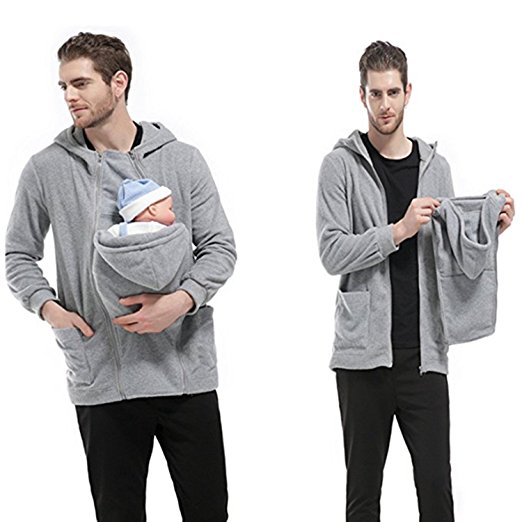 Men's Zip Up Maternity Kangaroo Hooded Sweatshirt Pullover 2 In 1 Baby Carriers