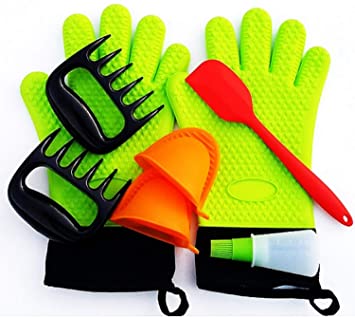 Ezyglobe's BBQ Set With Heat Resistant Insulated Silicone Gloves, Meat Claws Oven Mitts Oil Bottle with Basting Brush & Spatula with Free Bonus E Recipe Book. Ideal for Barbecue, Grilling, Kitchen Baking.