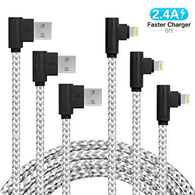 iPhone Charger 3Pack Right Angle USB Charging Cord Nylon Braided 90 Degree Lightning Cable Compatible with iPhone XR XS MAX X iPhone 8 8Plus 7 7Plus 6S 6S Plus 6 6Plus 5 SE (White, 6FT)