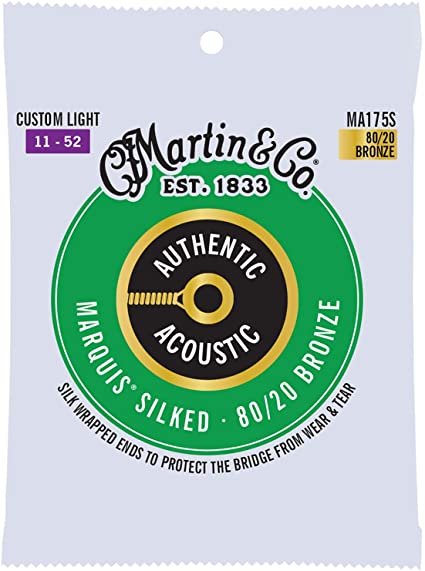 Martin Guitar MA175S Authentic Acoustic Custom-Light-Gauge Marquis Silked Strings, 80/20 Bronze Acoustic Guitar Strings