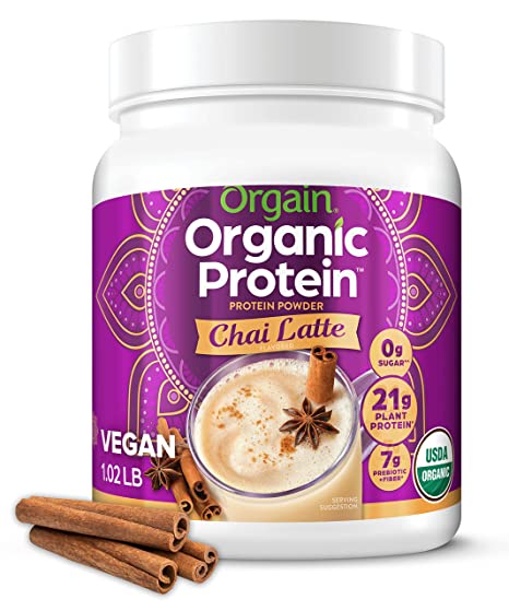 Orgain Organic Vegan Protein Powder, Chai Latte - 21g of Plant Based Protein, Low Net Carbs, Gluten Free, Lactose Free, No Sugar Added, Soy Free, Kosher, Non-GMO, 1.02 Lb