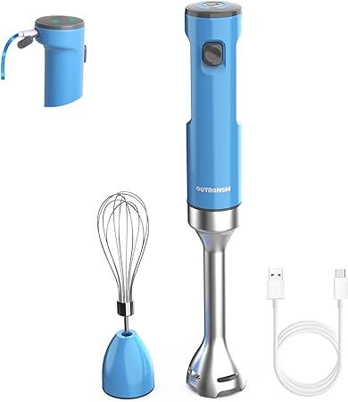 Cordless Hand Blender, OUTRONSM Immersion Blender Handheld Rechargeable, with Charging Cable, Egg Whisk, for Smoothies, Milkshakes, Hummus and Soups – Blue