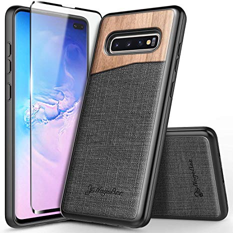 Galaxy S10 Case, NageBee Premium [Natural Wood] Canvas Fabrics Heavy Duty Shockproof Hybrid Defender Rugged Durable Case w/[Full Coverage Soft Screen Protector HD Clear] for Samsung Galaxy S10 -Wood