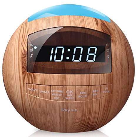 8-in-1 Bluetooth Alarm Clock Radio (Digital) Dual USB Charging Ports,FM Stereo, Dimmable LED Display, Hands-Free Calls, Nap & Sleep Timers, Snooze, Multi-Color Night Light (Wood)
