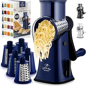 Zulay Rotary Cheese Grater 5 Blade Cheese Shredder - Manual Hand Crank Cheese Grater With Reinforced Suction & 5 Interchangeable Drums - Easy to Use, Vegetable Chopper Round Mandoline Slicer - Navy