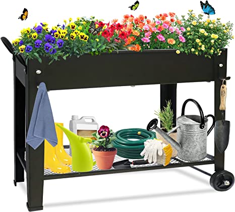 aboxoo Large Planter Raised Beds with Legs Outdoor Metal Planter Box on Wheels Elevated Garden Bed for Vegetables Flower Herb Patio (40" L x 11" W x 31.5" H)