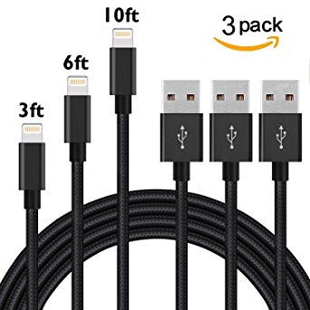 DeFitch Nylon Braided 8 pin Charging Cables USB Charger Cord, iPhone Charger 3Pack 3FT/6FT/10FT(1M/2M/3M)Compatible with iPhone 7/7 Plus/6s/6s Plus/6/6 Plus/5/5S/5C/iPad and iPod(Black)