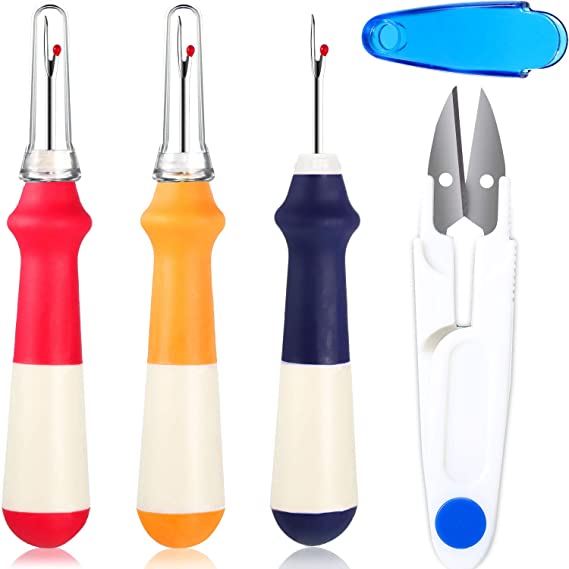 3 Pieces Ergonomic Grip Seam Ripper Handy Stitch Ripper Thread Remover Tool and 1 Piece Yarn Cutter Scissor for Sewing/Crafting Opening Removing Seams and Hems (Red, Navy Blue, Orange)