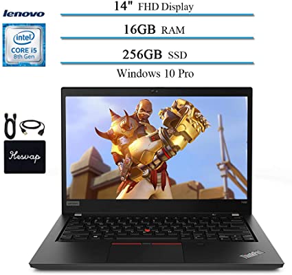 Lenovo ThinkPad T490 Laptop Computer for business student, 14" FHD (1920x1080) Display, Intel i5-8265U (Beat i7-7600U), 16GB RAM, 256GB SSD, WiFi, Bluetooth, Backlit KB, Win10 Pro w/HESVAP Accessories