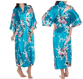 Women's Robes Peacock and Blossoms Kimono Satin Nightwear Long Style UK Stock