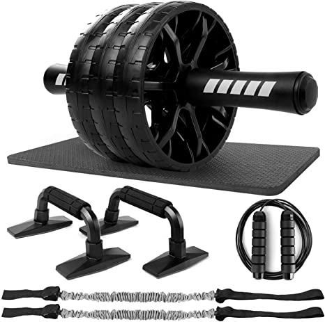 Odoland 5-in-1 Ab Roller Wheel Set, Large 3-Wheels Ab Wheel with Push Up Bars, Resistance Bands, Jump Rope, Knee Pad, Home Gym Workout Equipment for Abdominal Core and Fitness