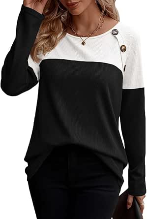 Zeagoo Women Waffle Knit Shirts Long Sleeve Colorblock Tee Button Detail Tunics