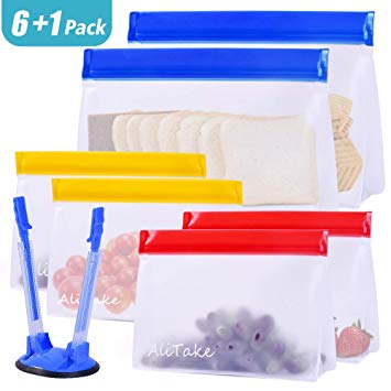 Reusable Storage Bags, Alitake Snack& Lunch Bags- Food Grade BPA Free Stand-Up Biodegradable Sandwich Bags with Bag Rack- Leakproof Ziplock Bag for Lunch, Snack, Household, Make-up Storage (6 1PACK)