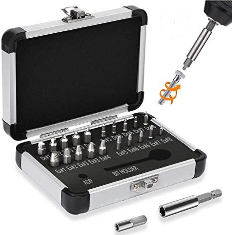 Jellas 22PCS Damaged Screw Extractor, Christmas Gift Screw Remover with 64-65 HRC Hardness, Separate Burnishing and Magnetic Extension Bit Holder for Damaged Screws or Bolts 2-12mm