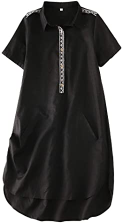 Mordenmiss Women's Linen Tunic Dresses Floral Embroidered Button Down Midi Dress