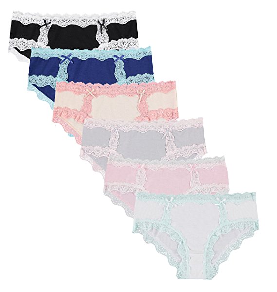 6 Pack: Free to Live Women's All Over Lace Trim Hipster Cotton Panties