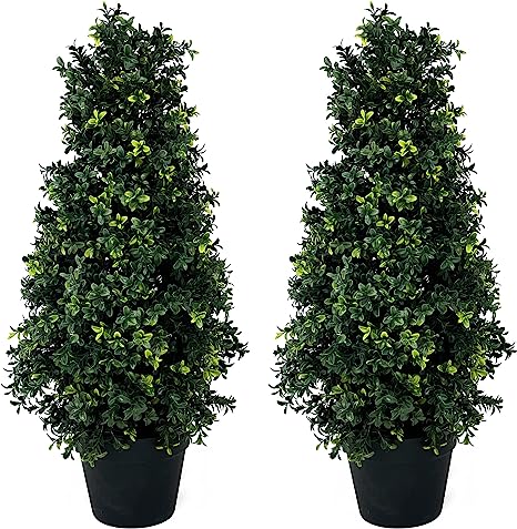 Two Artificial UV Rated 30" Boxwood Cone Topiary w/Pot, Silk Tree Warehouse Indoor Outdoor Tree Bush Ball Plant Evergreen Pine