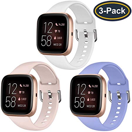 QIBOX Bands Compatible with Fitbit Versa/Versa 2, Soft Silicone Breathable Sport Replacement Wristband Women Men Accessories Strap Compatible for Fitbit Versa 2 Smartwatch 3-Pack, Large Small
