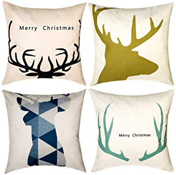 Anymow Christmas Pillow Covers, Throw Pillow Cases 18 x 18 Inches Set of 4 Linen Pillowcases with Invisible Zipper, Xmas Series Cushion Covers for Home Office Holiday Decoration (Deer, 18 x 18 in)