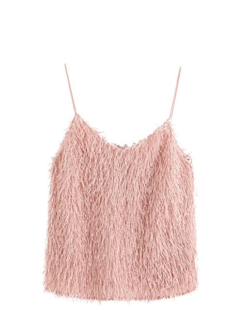 Romwe Women's Cute Sexy Fringe Fluffy Fuzzy Cami Top Pink