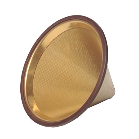 Titanium Coated Gold Coffee Dripper Premium 18/10 Stainless Steel Pour Over Cone Coffee Filter Permanent Reusable Double filter Portable Paperless Brewer Coffee Maker for Chemex Hario and Carafes