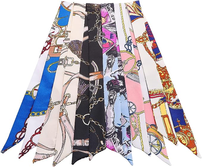 Yolev 6 Packs Mixed Designs Satin Fashion Narrow Handbag Handle Wrap Ribbon Neckerchief Scarf for Women