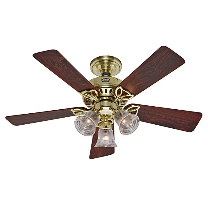 Hunter 20434 The Beacon Hill Three-Light 42-Inch Five-Blade Ceiling Fan, Bright Brass with Clear Globes