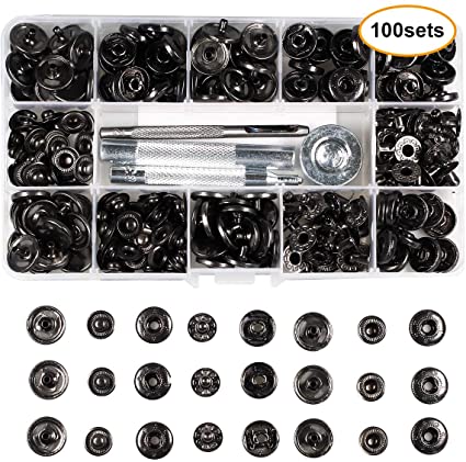 100 Sets - 1/2" Brass Leather Snap Fasteners Kit, 12.5mm Button Snap Press Studs Rapid Rivet Button for Clothes, Jeans, Bracelets (1/2" Brass, Black)