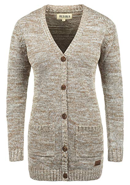 Desires Philemona Women's Long Cardigan Chunky Knit Jacket with V-Neck Made of 100% Cotton