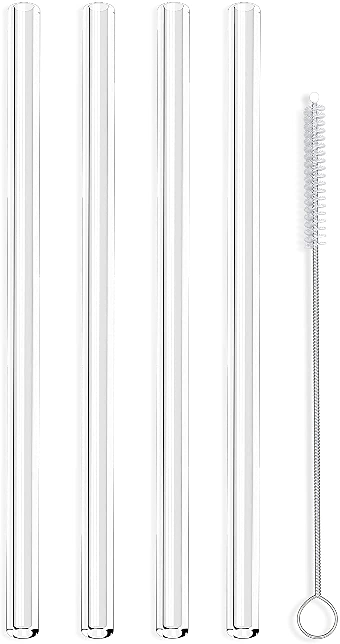 Hummingbird Glass Straws Clear Straight 9" x 9.5 mm Made With Pride In The USA - Perfect Reusable Straw For Smoothies, Tea, Juice, Water, Essential Oils - 4 Pack With Cleaning Brush