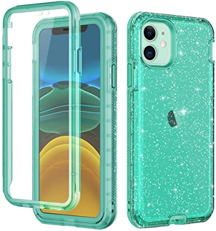 LONTECT for iPhone 11 Case Built-in Screen Protector Glitter Clear Sparkly Bling Rugged Shockproof Hybrid Full Body Protective Case Cover for Apple iPhone 11 6.1 2019, Green Clear/Silver Glitter