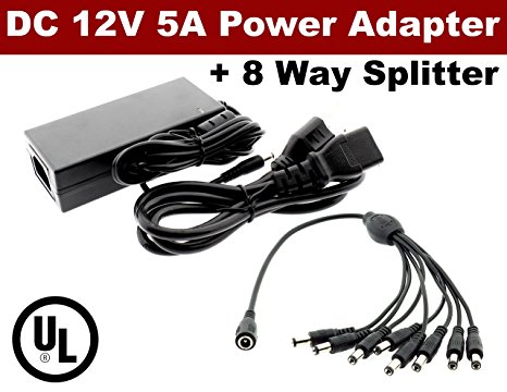 Crystal Vision Premium DC 12V 5A Power Supply Adapter   8 Split Power Cord For CCTV Security Camera DVR and LED, UL listed