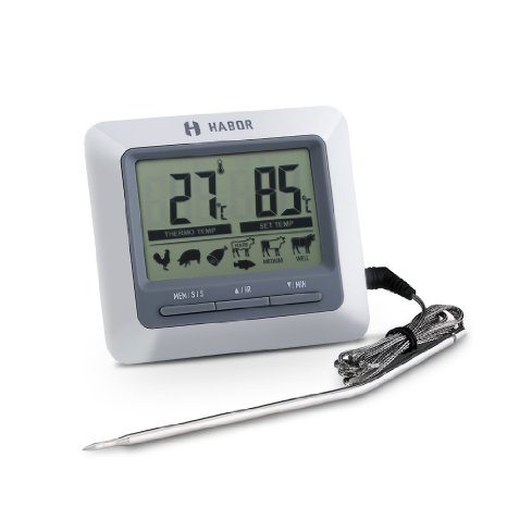 Habor Instant Read Digital Meat Thermometer and Timer with Steel Probe for Cooking BBQ Smoker Grill