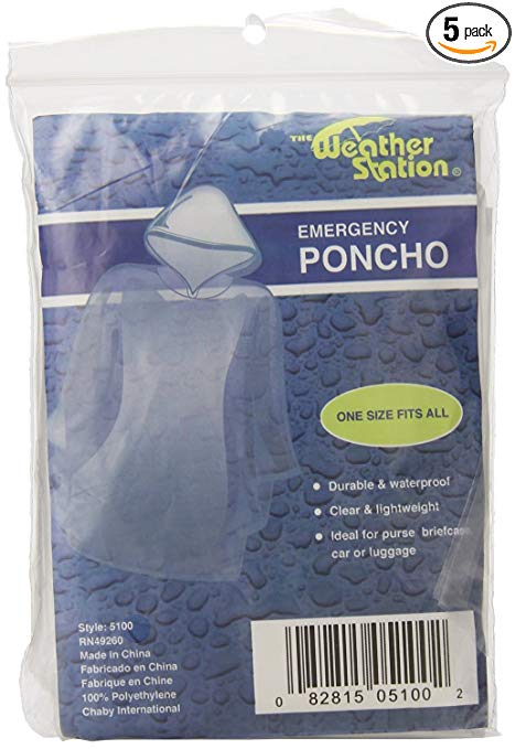The Weather Station Emergency Rain Poncho With Hood - Reusable, 5-pack