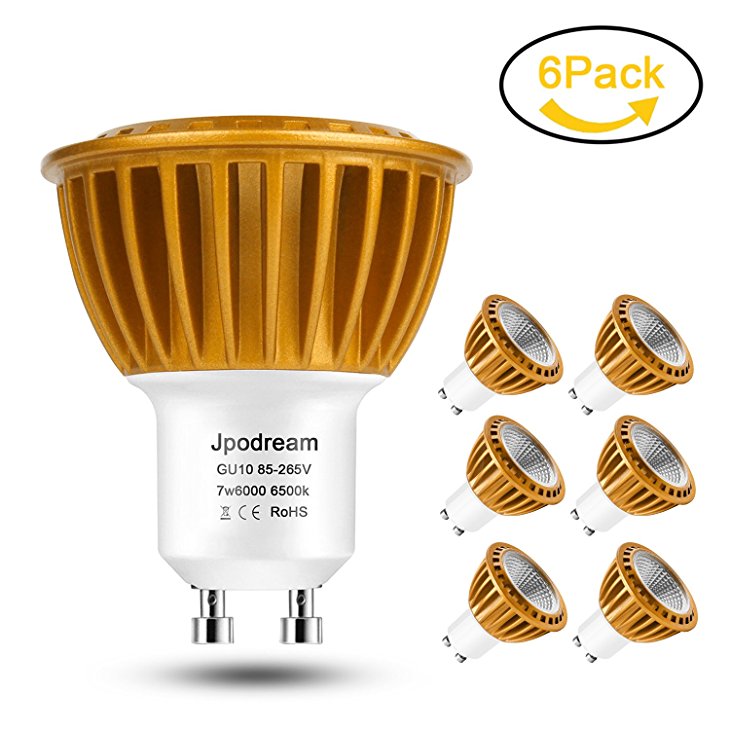 GU10 LED Bulbs, 7Watt COB LED Light Bulbs 6000K (Daylight), 70W Halogen Bulbs Equivalent, 600lm, 120V, 60° Beam Angle LED Spot Light for Tracking Light, Recessed Light by Jpodream - 6 Pack of Units