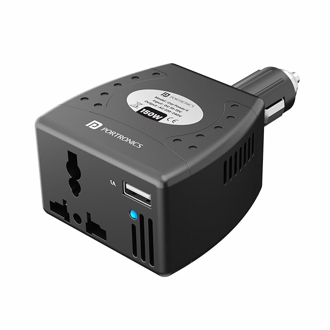 Portronics 150W Car Power II Car Inverter Adapter for Laptop & Smartphone Charger, Universal AC Socket (10 Amp), USB Output, LED Indicator Light, 220 Volts, 1-Year Warranty (Black)