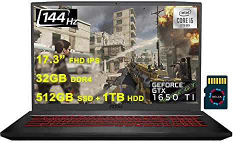 MSI 2021 GF75 Raider Premium Gaming 17 Laptop I 17.3” FHD 144Hz I Intel 4-Core i5-10300H(&gt;i7-8850H) I 32GB DDR4 512GB SSD   1TB HDD I GeForce GTX 1650Ti 4GB I Backlit Win10   32GB MicroSD Card