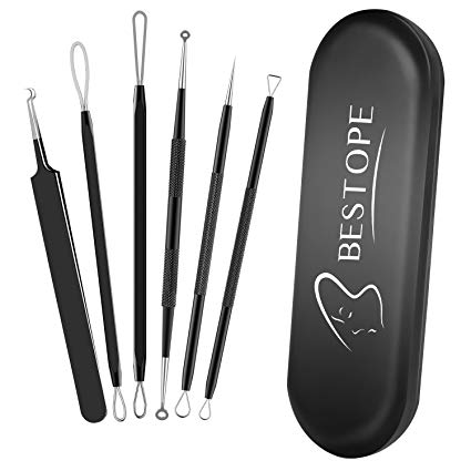 Bestope Blackhead Remover tools Kit - 6PCS Professional Spot Remover Pimple Comedone Extractor needle Set Blemish Splinter Acne Tweezers Treatment For Whitehead, Zit, Pore with Metal Case (black)