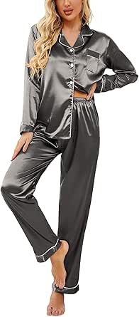 Ekouaer Women's Classic Button Down Long Satin Silk Pajama Set