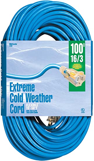 Woods 2436 16/3 100-Foot Outdoor Cold-Flexible SJTW Extension Cord, Blue with Lighted End