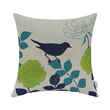 CaliTime Cushion Cover Throw Pillow Shell Floral Shadow Bird 18 X 18 Inches Natural Ground Navy Bird