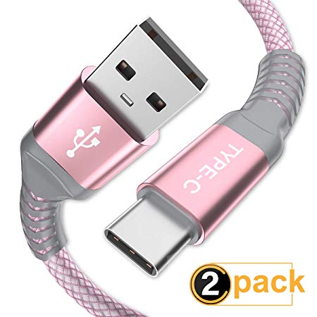 USB Type C Cable, AkoaDa (2 Pack 6.6ft) USB to USB C Cable Nylon Braided Fast Charger Cord Compatible Samsung Galaxy S9 Note 9 8 S8 S10 Plus,Google Pixel XL 3,LG G7 thinq V20,Moto Z,Z3(Pink)