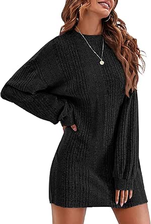 Ekouaer Women's Nightgown Long Sleeve Ribbed Knit Nightshirt Round Neck Sleep Shirt Soft Sweater Dress S-XXL