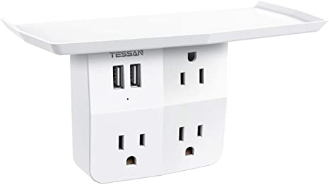 Multi Plug Outlet Extender, TESSAN 3 Power Outlet Splitter 2 USB Ports, Multiple Wall Mount Expander with Wide Spaced AC Outlets, Socket Outlet Shelf for Home and Dorm Essentials