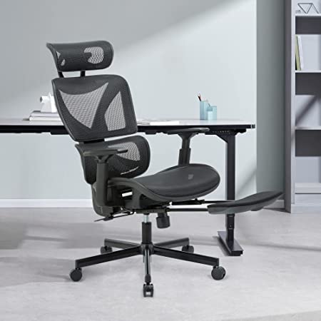 Ergonomic Office Chair with Lumbar Support & Retractable Footrest, Breathable Mesh Desk Chair with Adjustable Headrest, Armrests,Thick Seat Cushion and Seat Height,Computer Chair - Moustache® (Black)