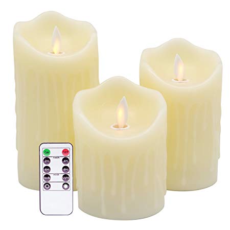 Eldnacele Flmeless Flickering LED Battery Operated Real Wax Candles with Remote and Timer, Dancing Flame Moving Wick Dripping Effect for Decoration Set of 3